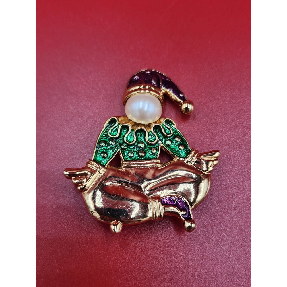 Vintage‎ Jester Clown Brooch Faux Pearl Gold Tone Green Purple Enamel Harlequin